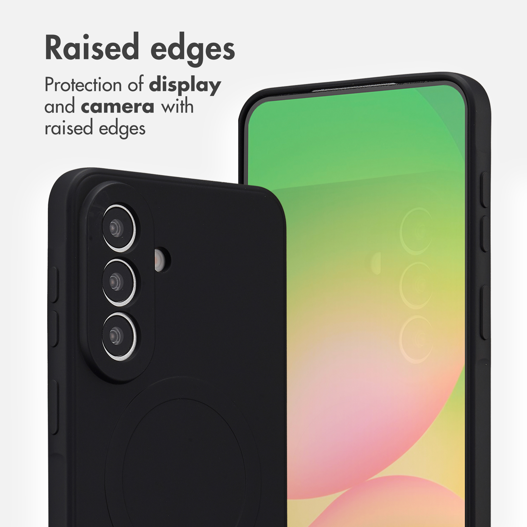 Bords surélevés d'une coque de protection noire pour écran et appareil photo.