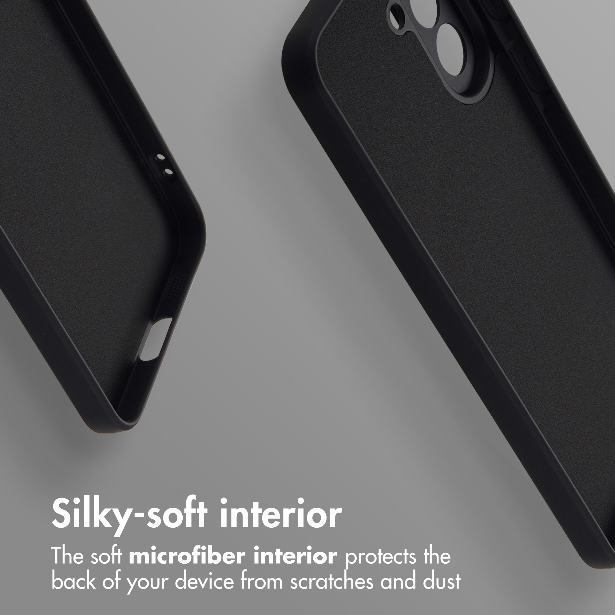 Deux coques de téléphone noires sur fond gris avec du texte sur l'intérieur doux.