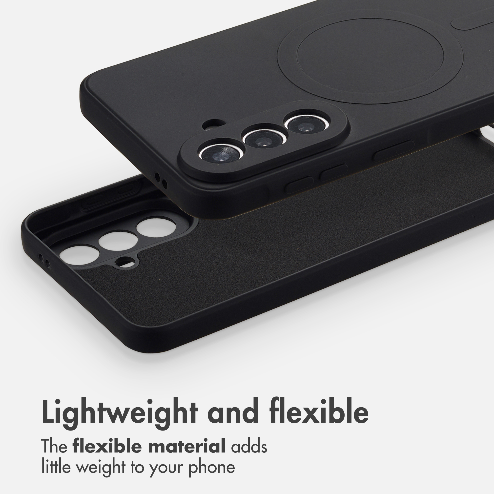 Coque de smartphone noire avec découpes pour appareil photo et anneau MagSafe.