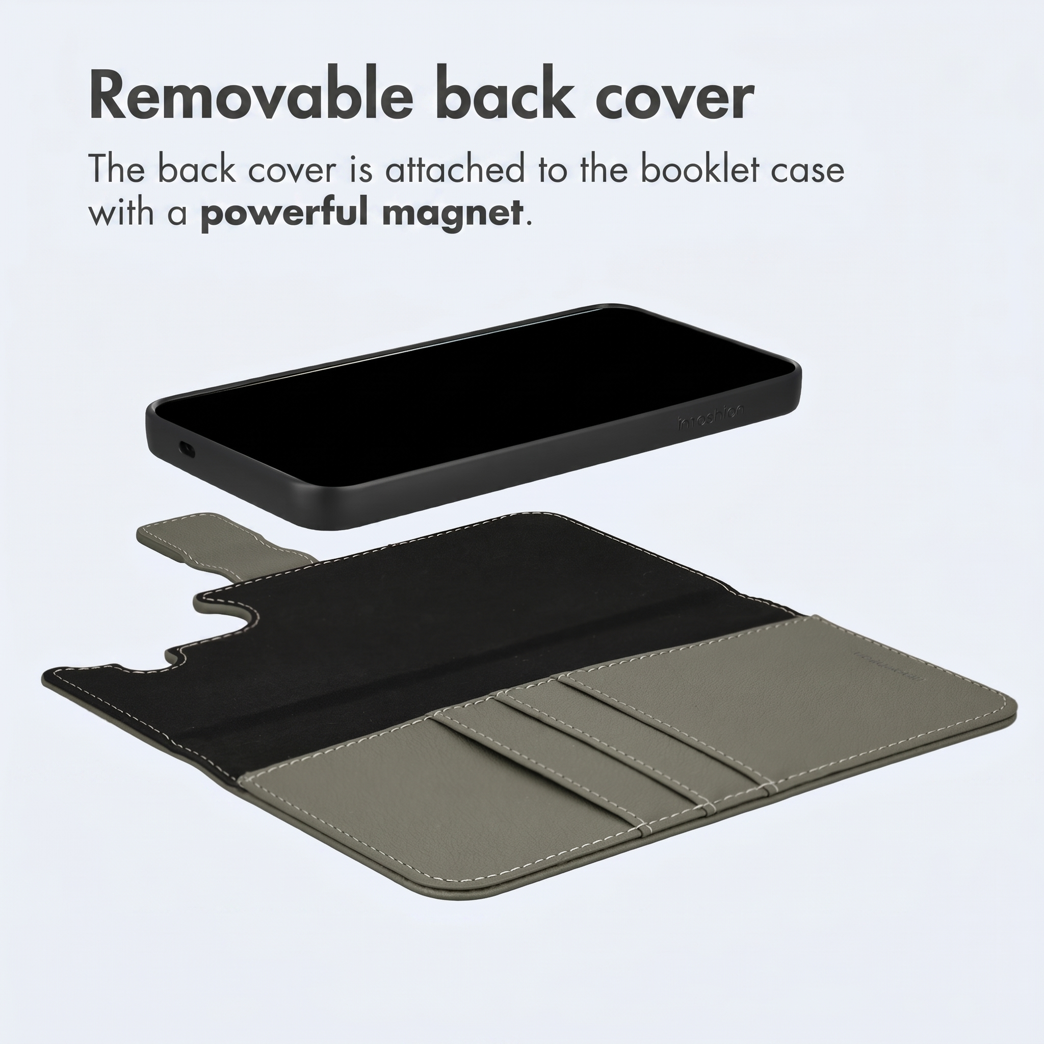 Ein Smartphone und eine graue Lederhülle mit Kartenfächern sind abgebildet, Text oben beschreibt die magnetische Rückseite.