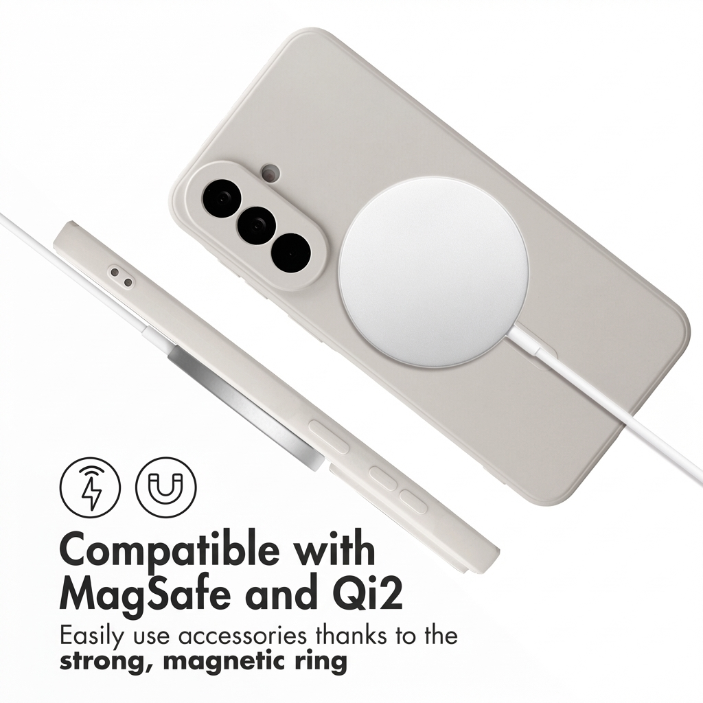 Uno smartphone bianco in custodia con caricatore MagSafe rotondo e testo sotto.