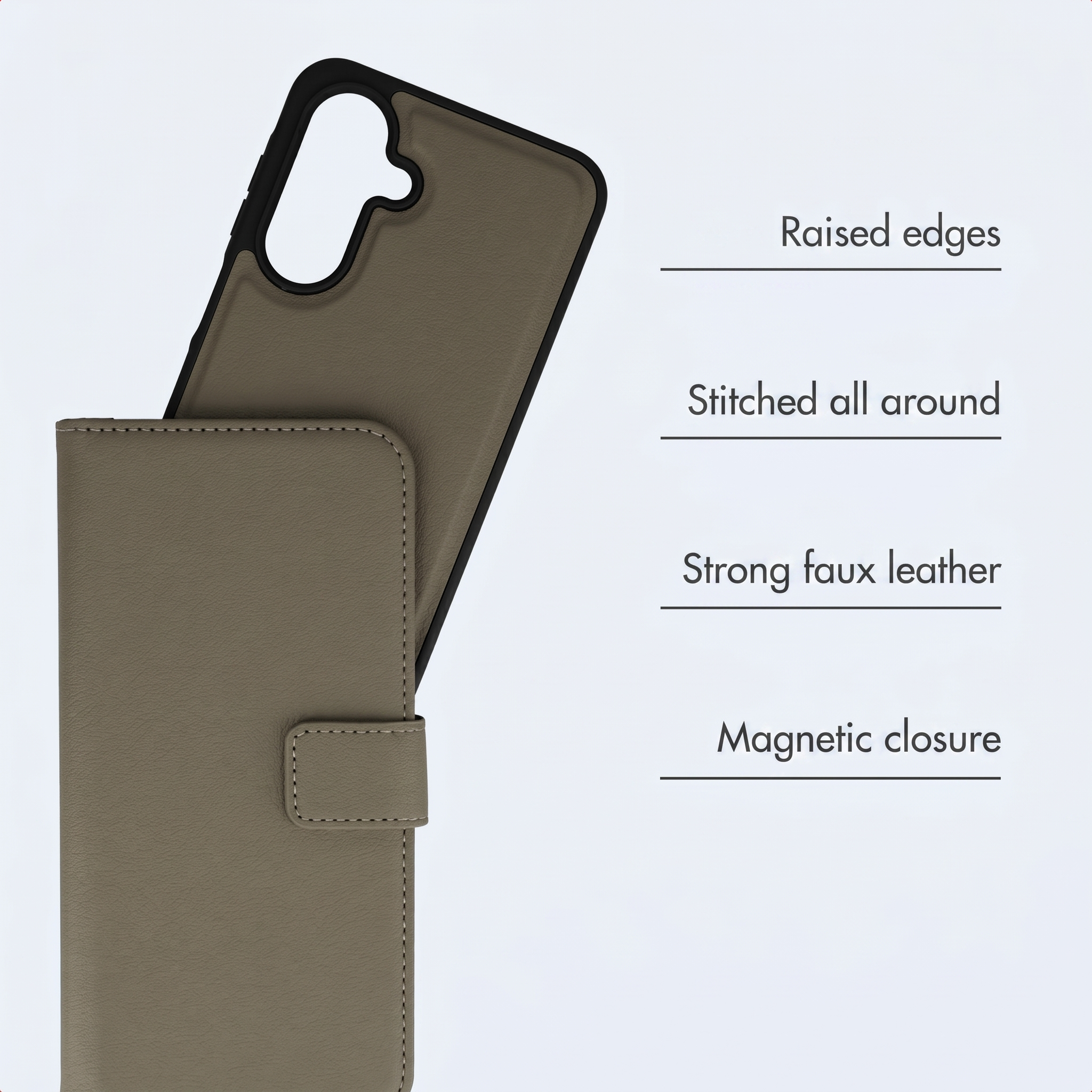 Graue Kunstleder-Wallet-Handyhülle mit erhöhten Kanten, Nähten und Magnetverschluss.