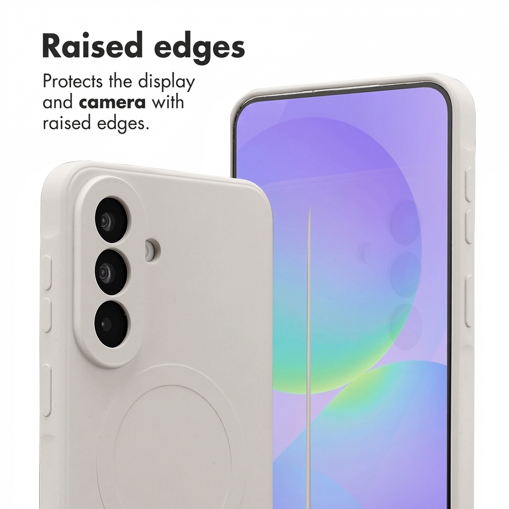Uno smartphone bianco in una custodia protettiva con bordi rialzati per proteggere schermo e fotocamera.