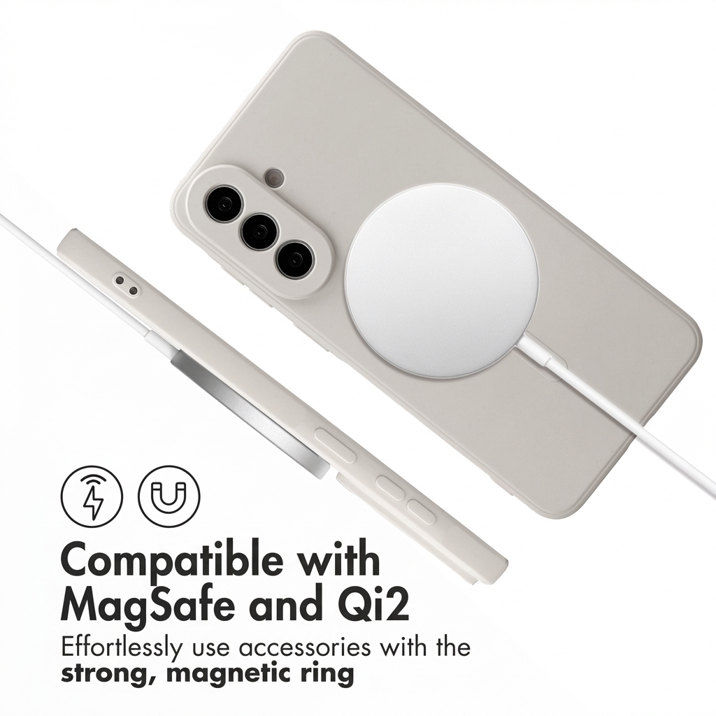 Un smartphone blanc dans une coque se recharge sans fil avec un chargeur MagSafe rond.