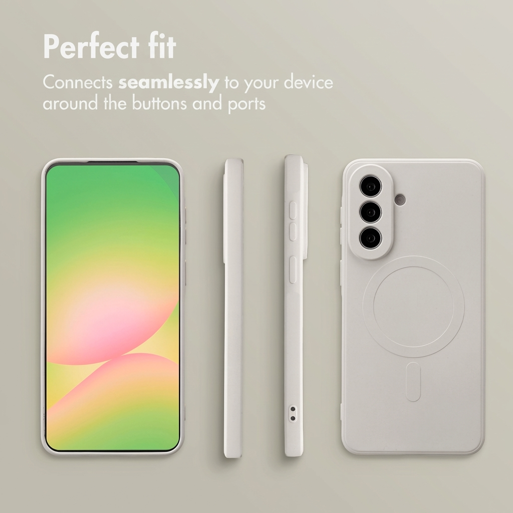 Quatre vues d'une coque de téléphone blanche, montrant l'avant, les côtés et l'arrière avec des caméras.