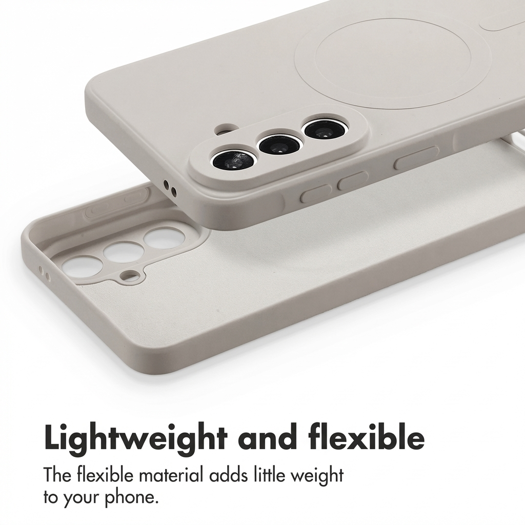 Une coque de téléphone en silicone grise vue de dos et de l'intérieur, avec découpes pour l'appareil photo et anneau aimanté.
