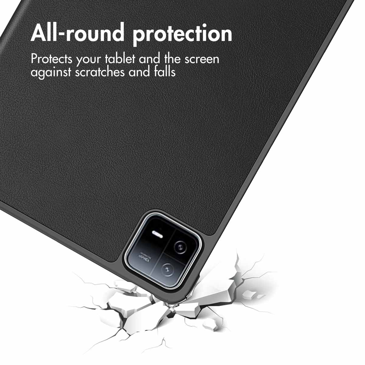 A black tablet case with text reading All-round protection and a cracked white surface below.