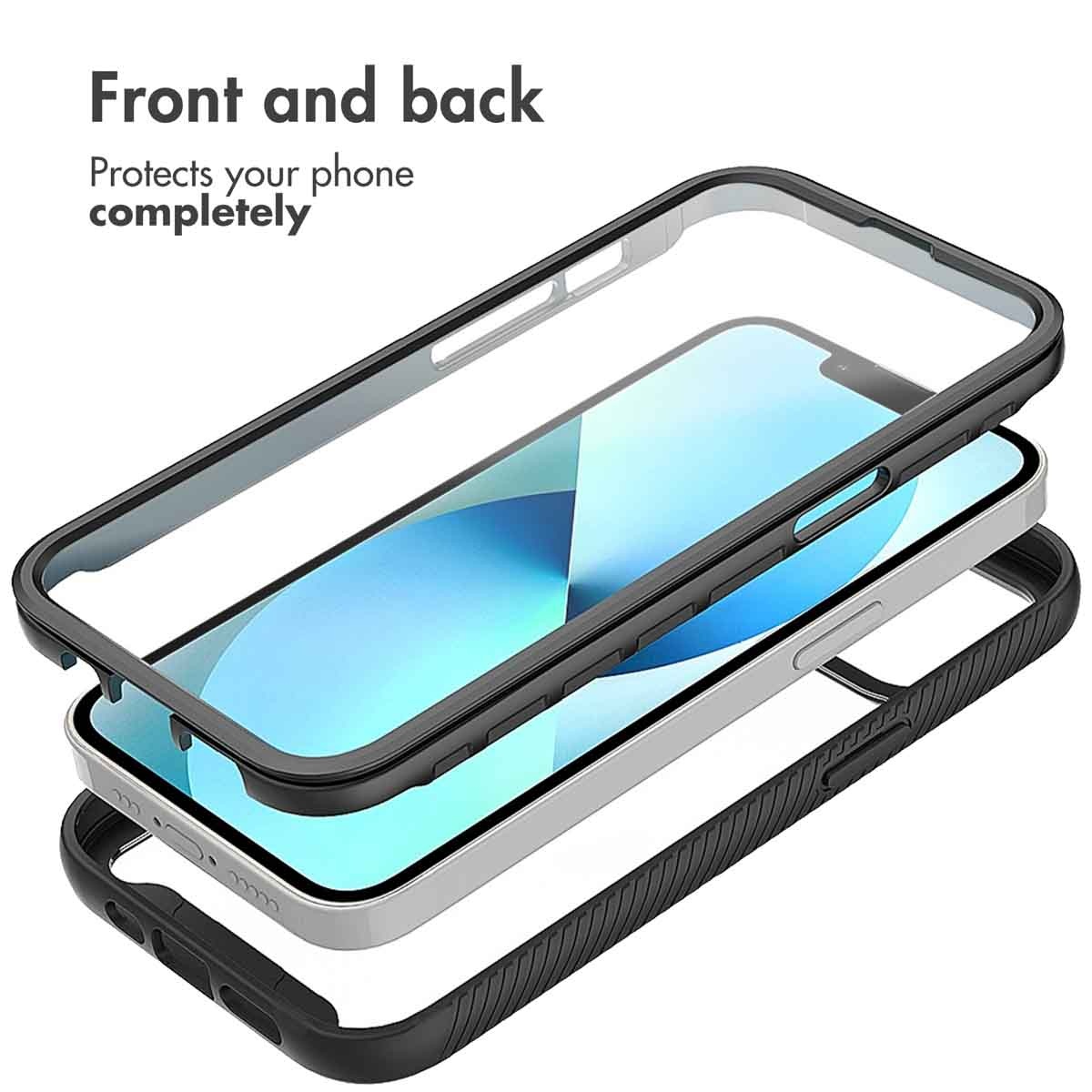 Una funda de smartphone despiezada muestra protección delantera y trasera con texto arriba a la izquierda.