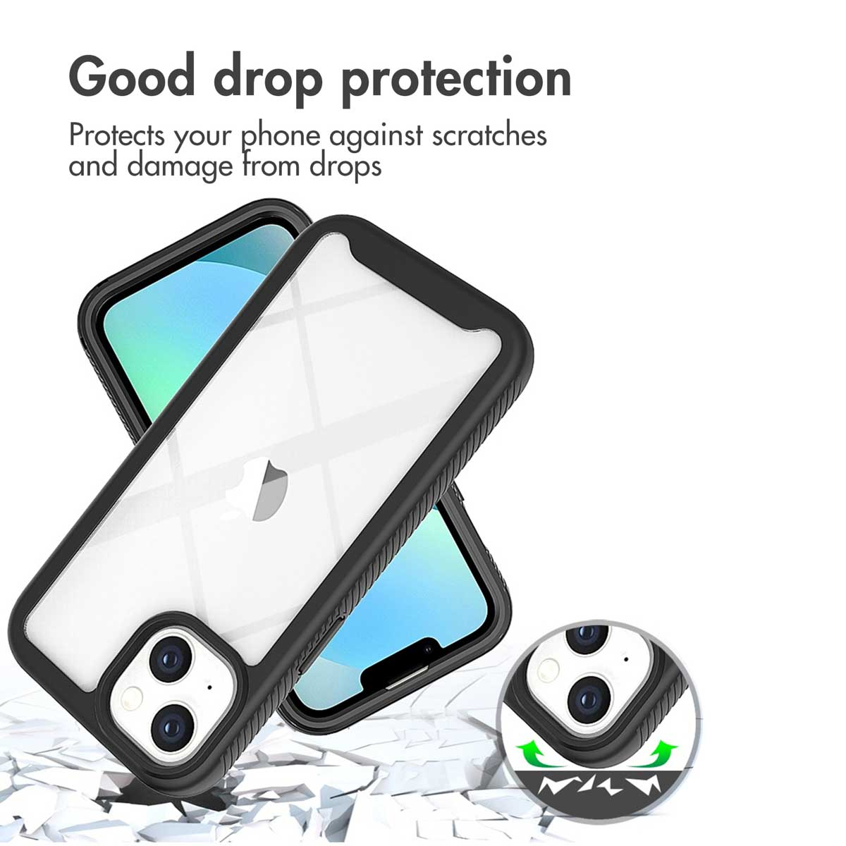 Funda protectora negra con parte trasera transparente para teléfono, contra caídas.