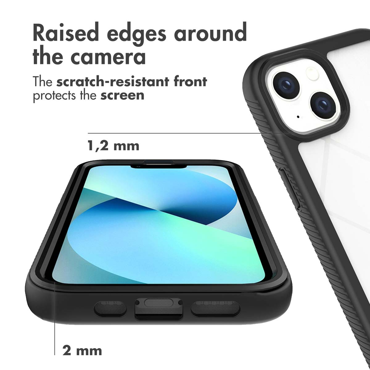 Smartphone en funda protectora con bordes elevados alrededor de la cámara y la pantalla.