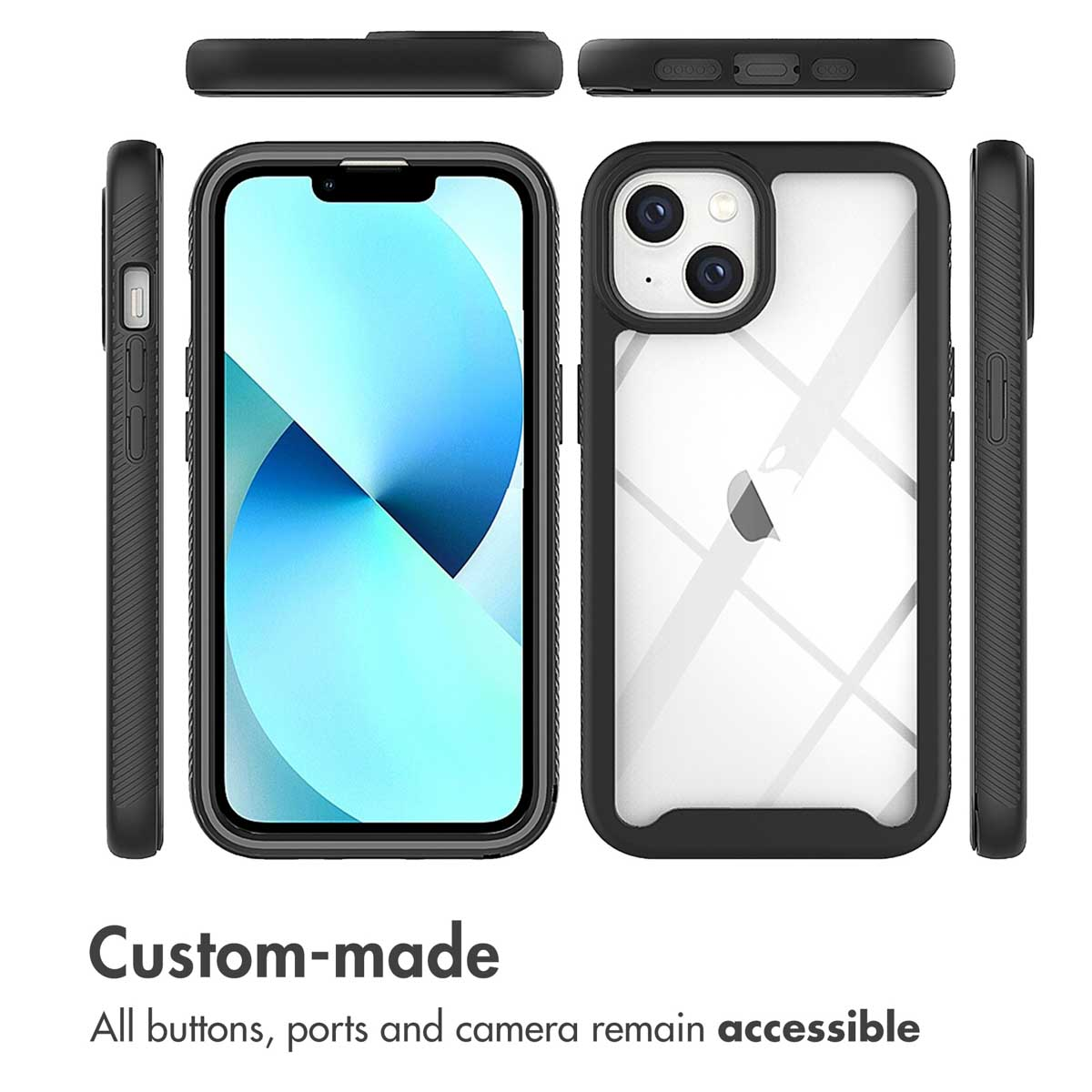 Vistas múltiples de una funda protectora negra para iPhone, mostrando el frente, la parte posterior y los lados.