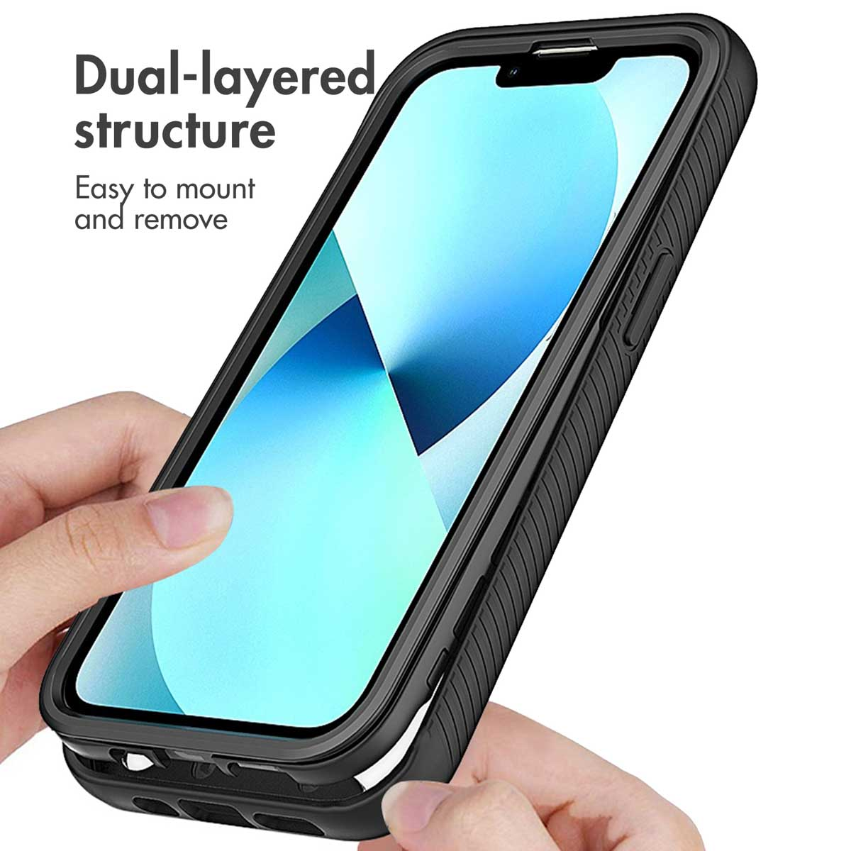 Manos sostienen un smartphone con funda negra, texto arriba a la izquierda describe estructura.