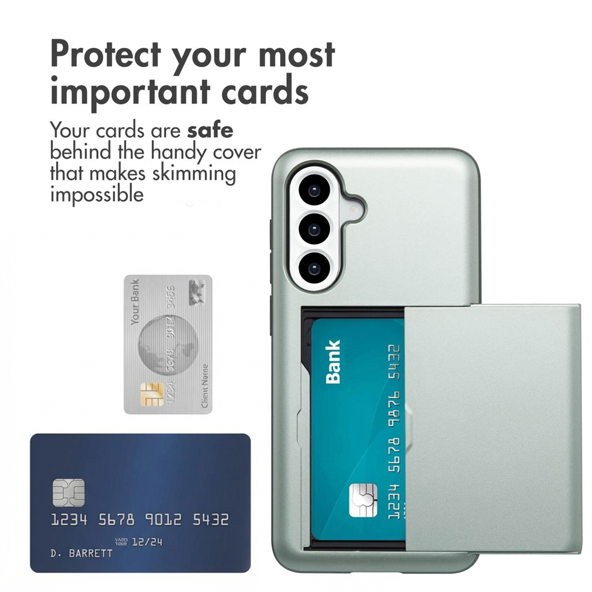 Une coque de téléphone gris clair avec un compartiment pour cartes intégré contenant une carte bancaire.