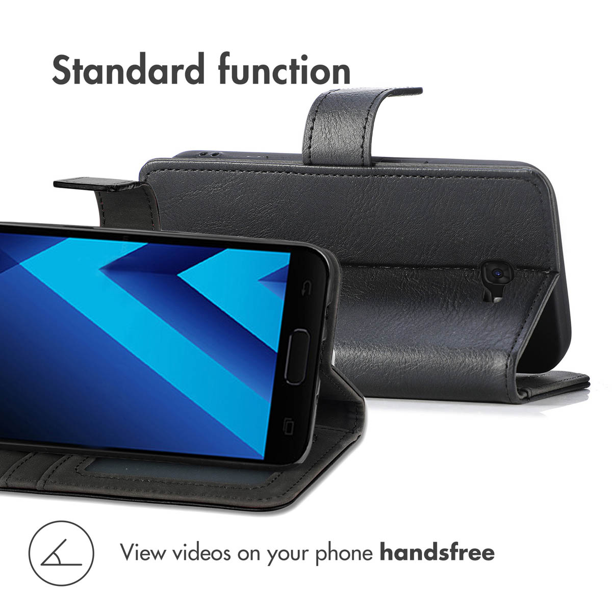Un étui de téléphone en cuir noir ouvert montre un smartphone avec un écran bleu.