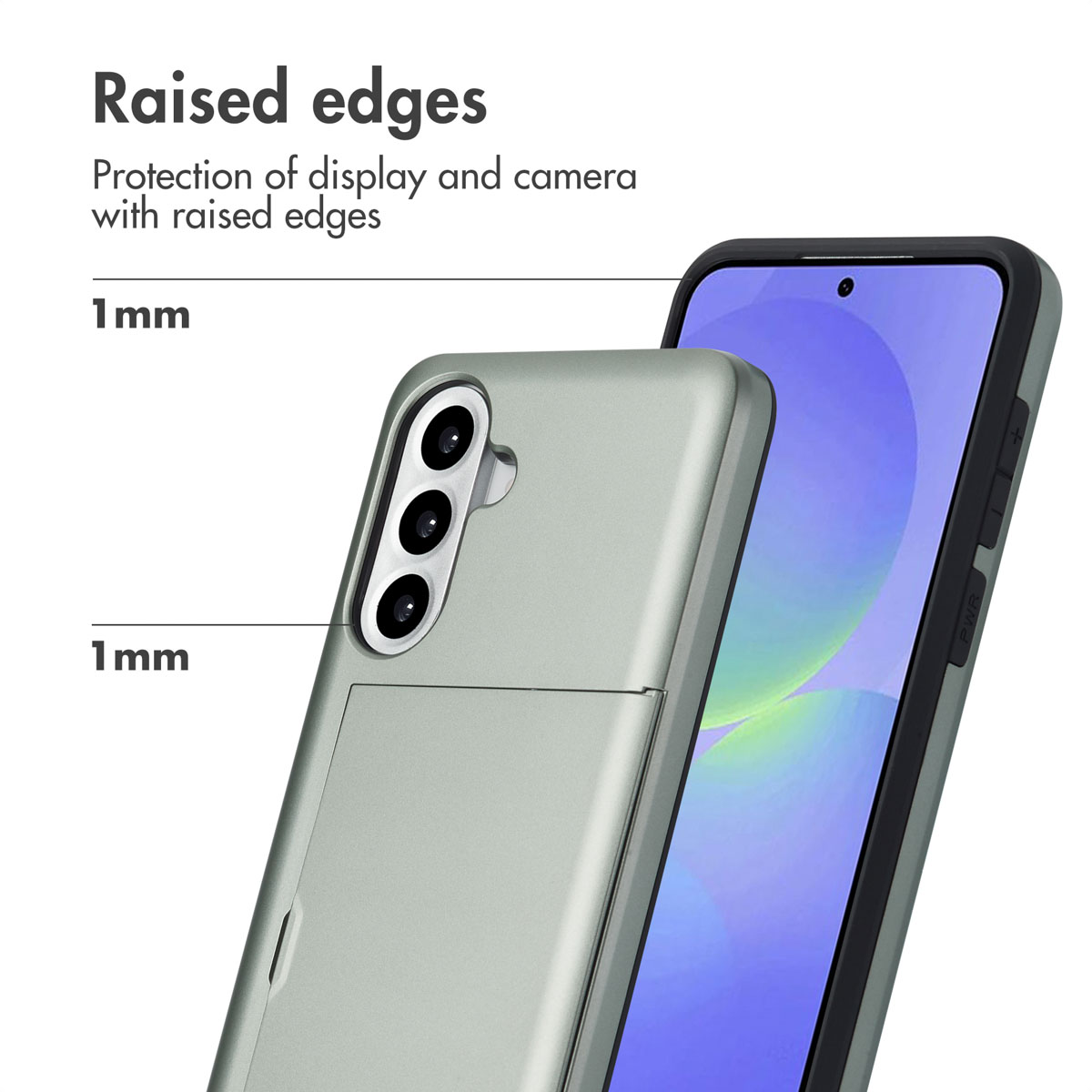 Smartphone dans une coque grise avec porte-cartes, montrant des bords surélevés pour l'écran et l'appareil photo.