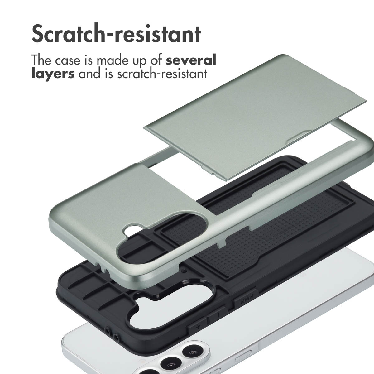 Vue éclatée d'une coque de téléphone multicouche résistante aux rayures au-dessus d'un smartphone.