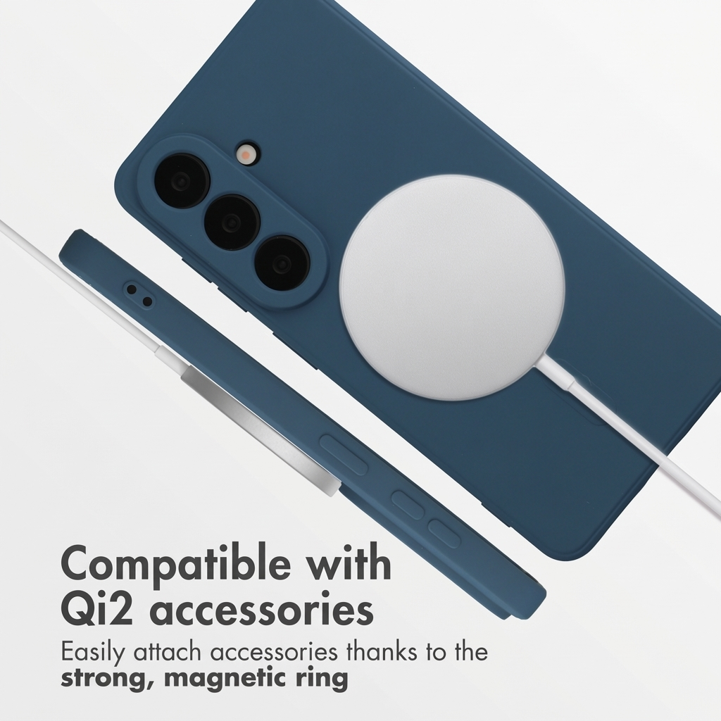 Custodia per telefono blu con accessorio di ricarica magnetico Qi2.