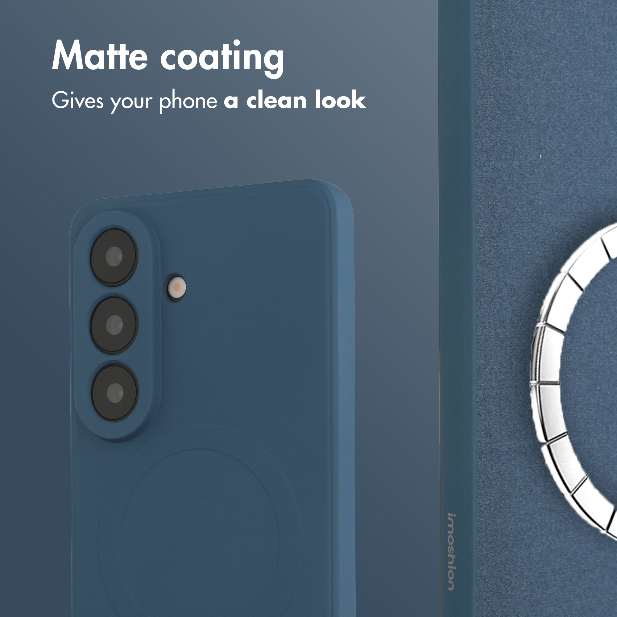 Custodia per telefono blu con rivestimento opaco e foro per fotocamera.