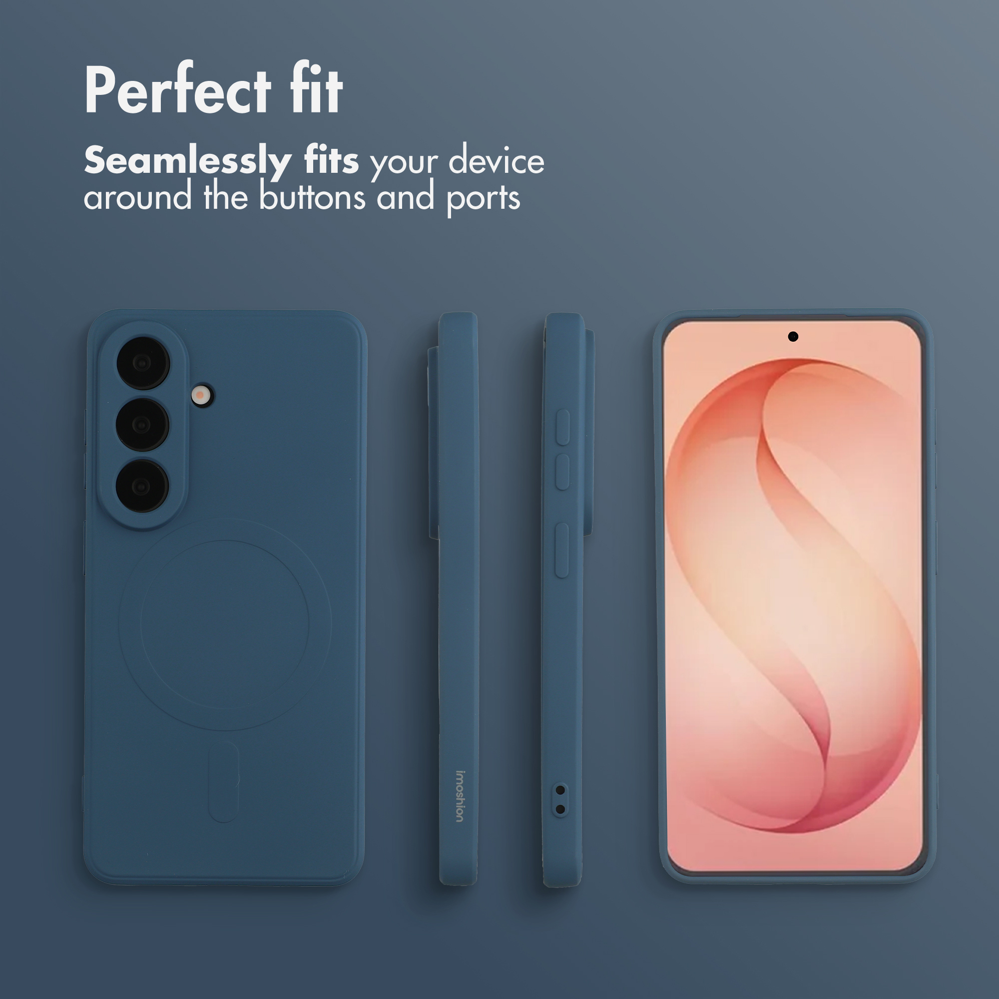 Quattro viste di una custodia blu per smartphone su sfondo grigio, che evidenziano fotocamera e tasti.