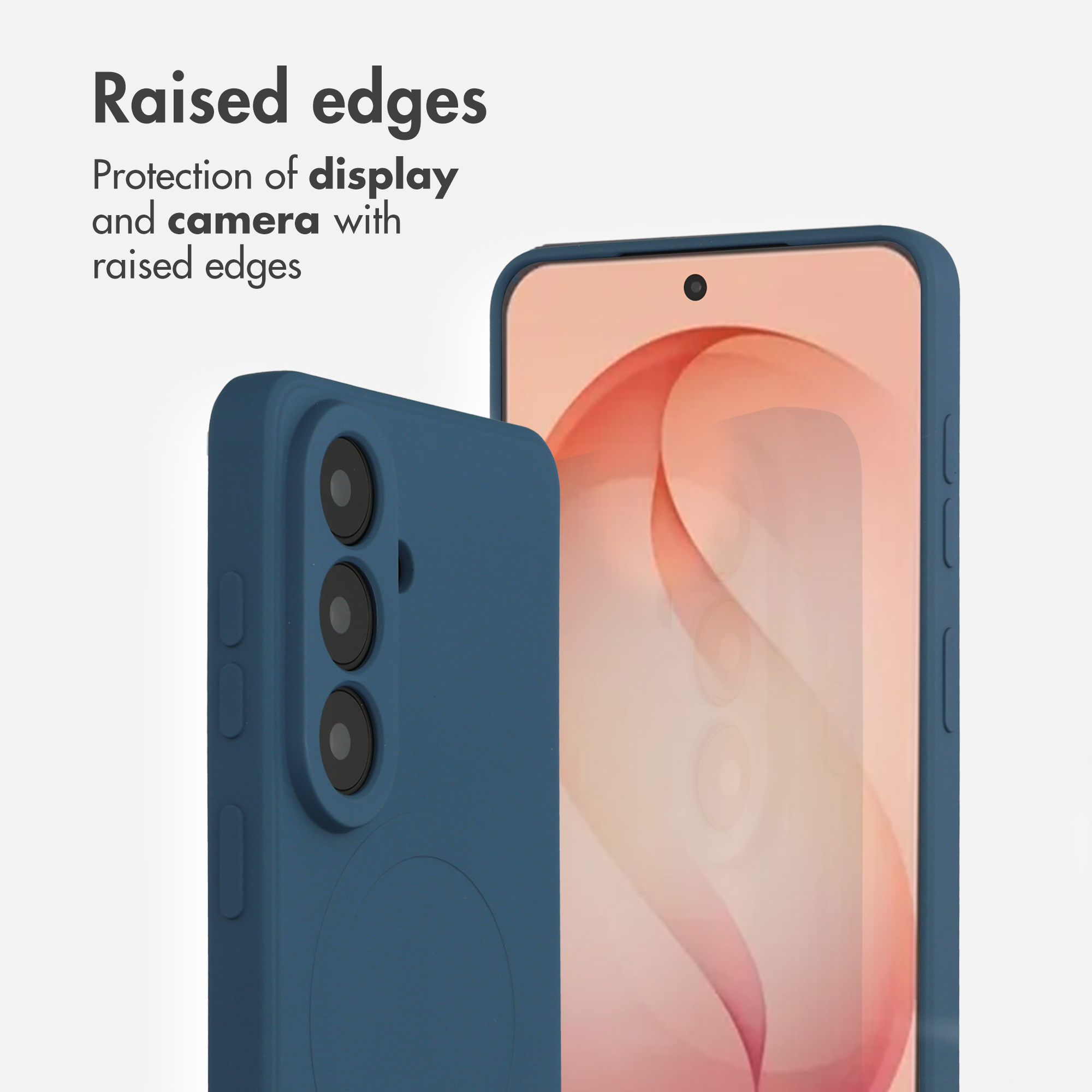 Custodia blu per smartphone con bordi rialzati che proteggono schermo e fotocamera.