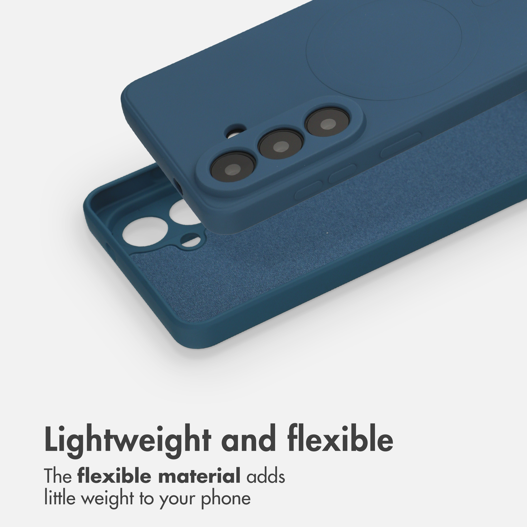 Custodia per telefono flessibile blu con aperture per fotocamera e morbida fodera interna.