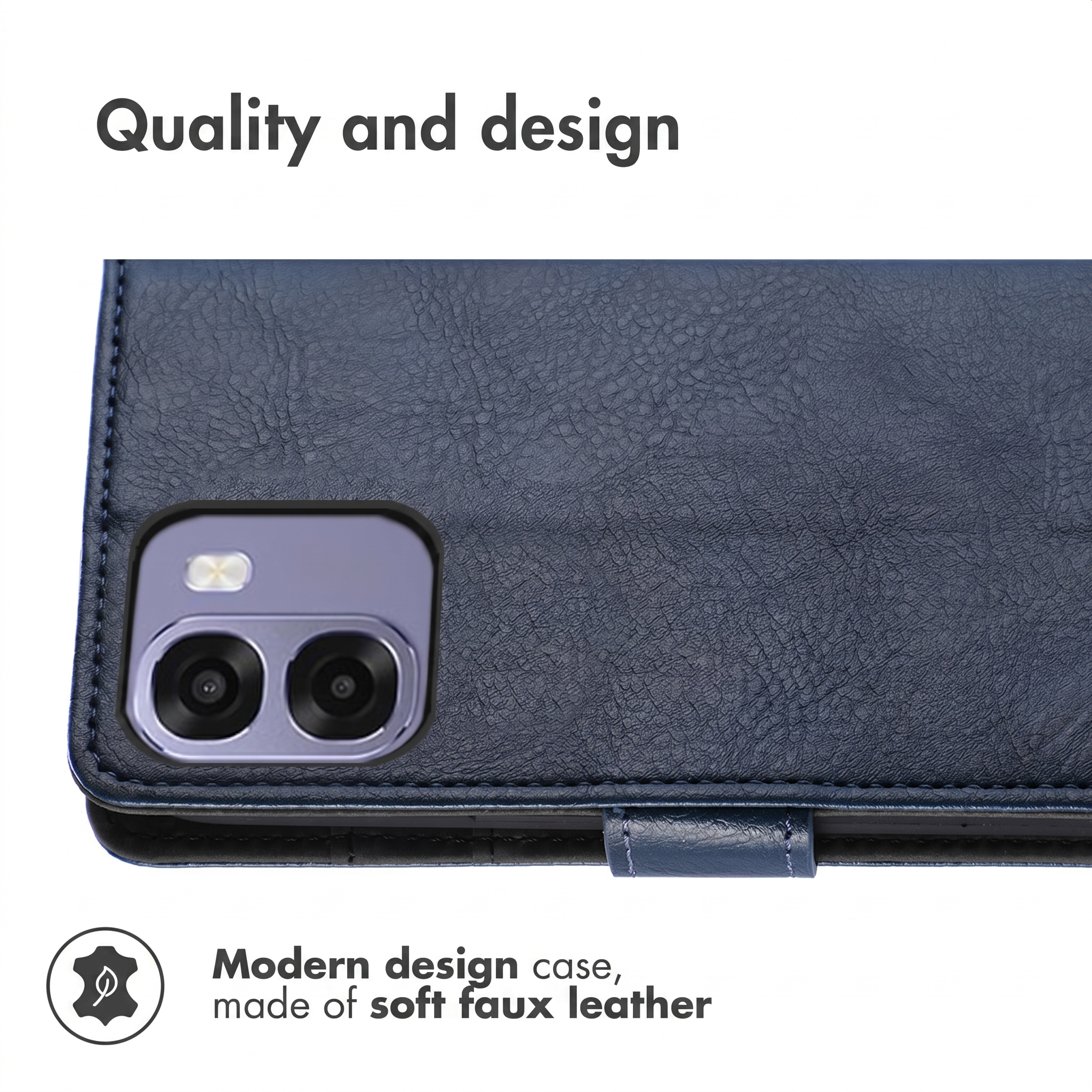 Funda de piel sintética azul con recorte para cámara y texto de calidad.