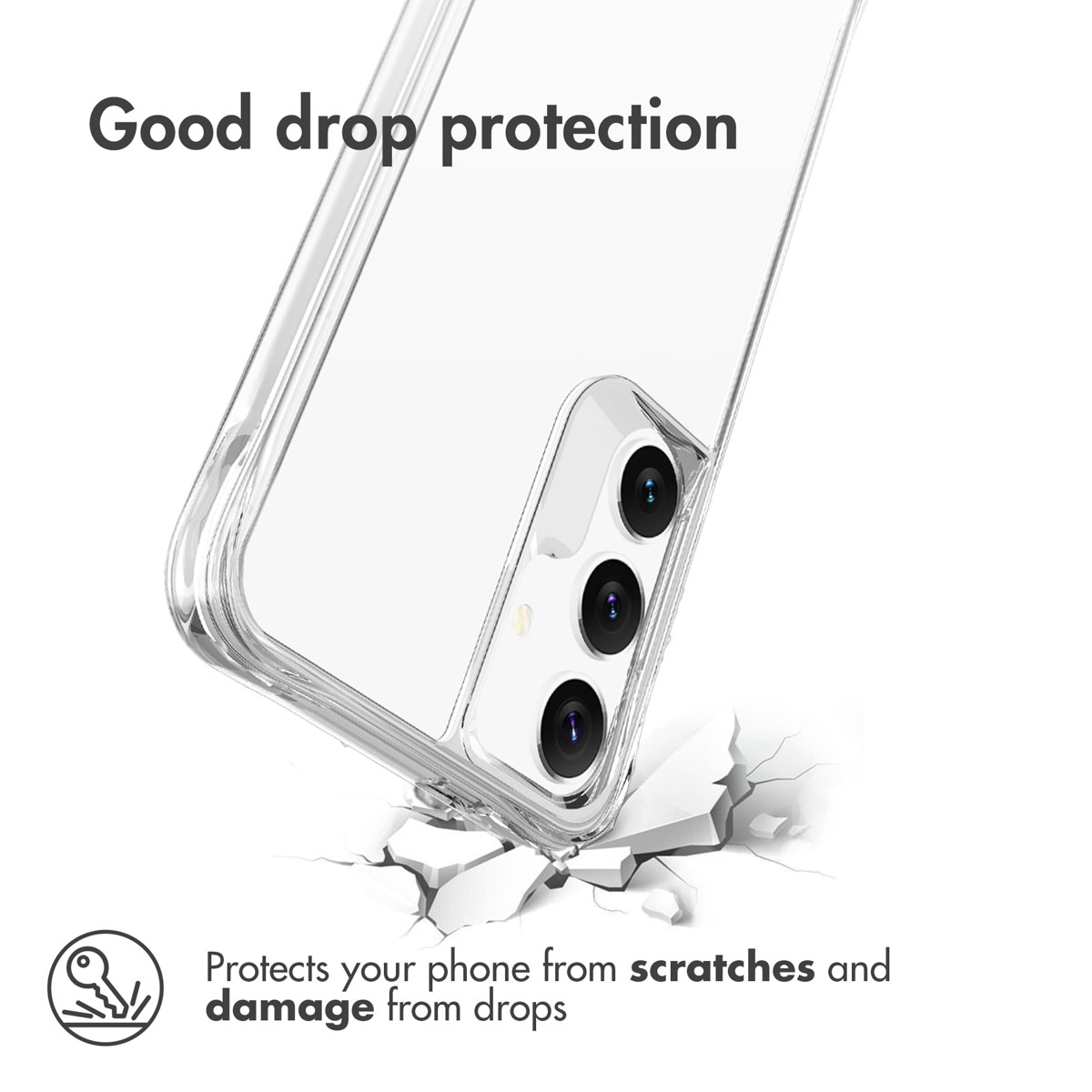 Cover trasparente per telefono su superficie incrinata, mostra protezione.