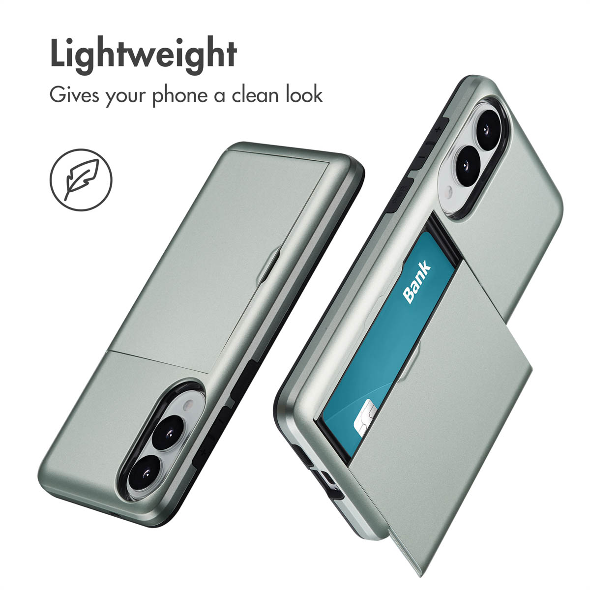 Funda de teléfono gris ligera con tarjetero integrado, en dos vistas.