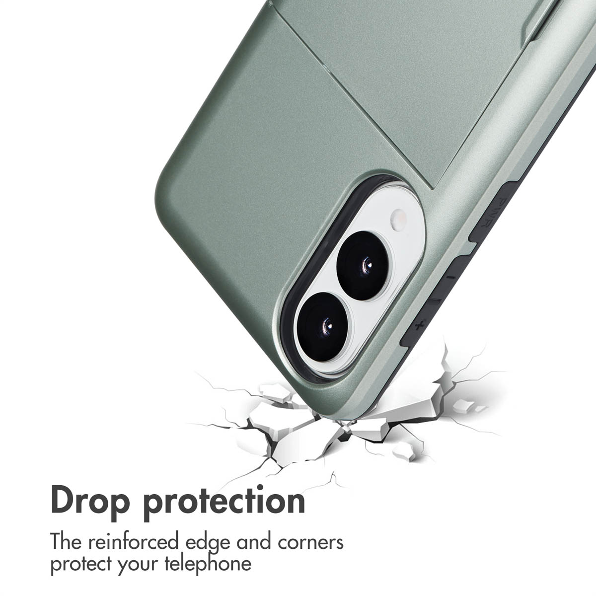Funda de teléfono verde con cámara y protección anticaída.