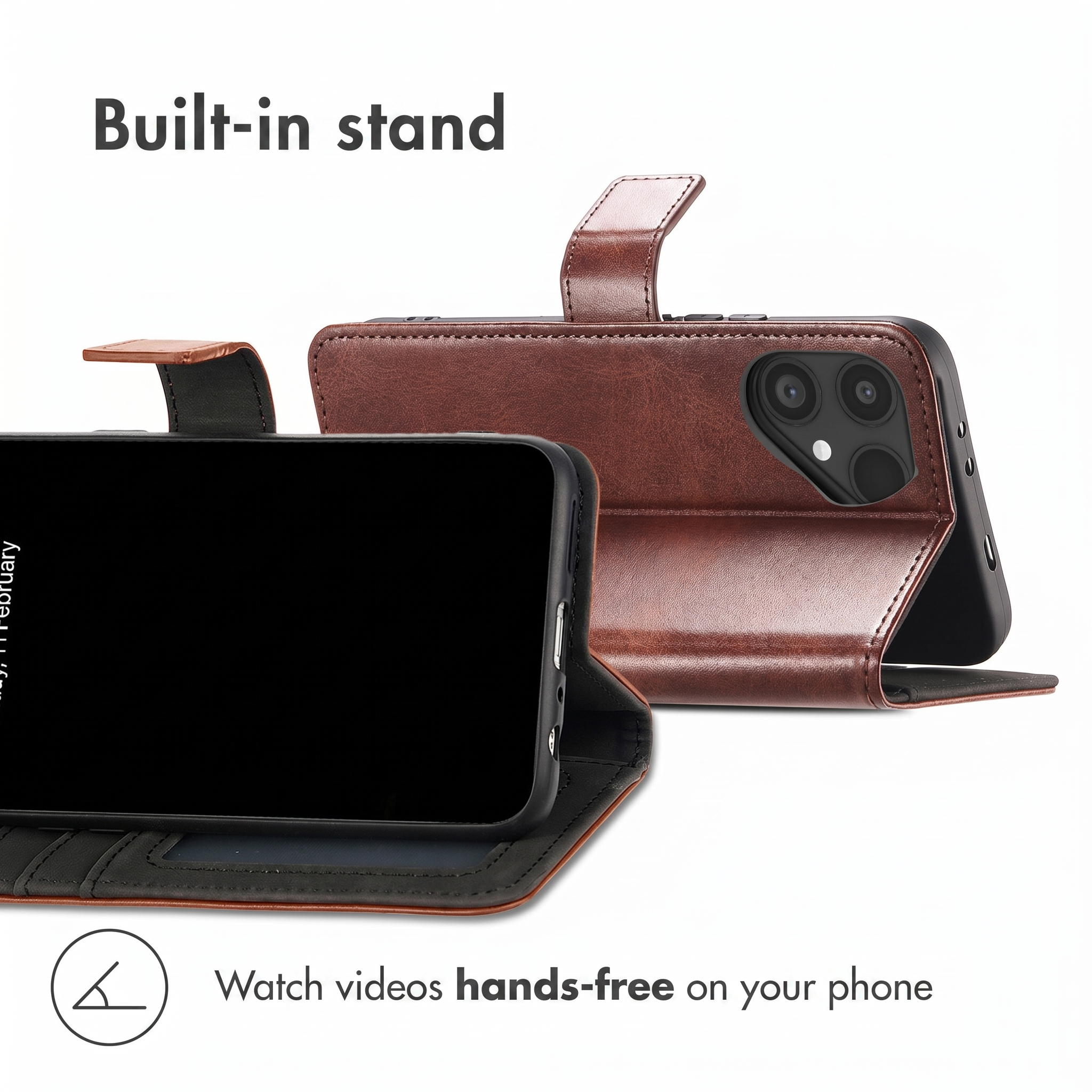 Two brown leather phone cases featuring a built-in stand for hands-free video viewing against a white background.