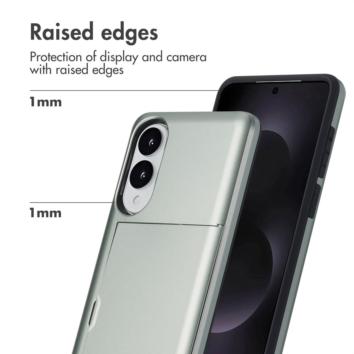 Smartphone en funda con tarjetero y bordes elevados para proteger pantalla y cámara.