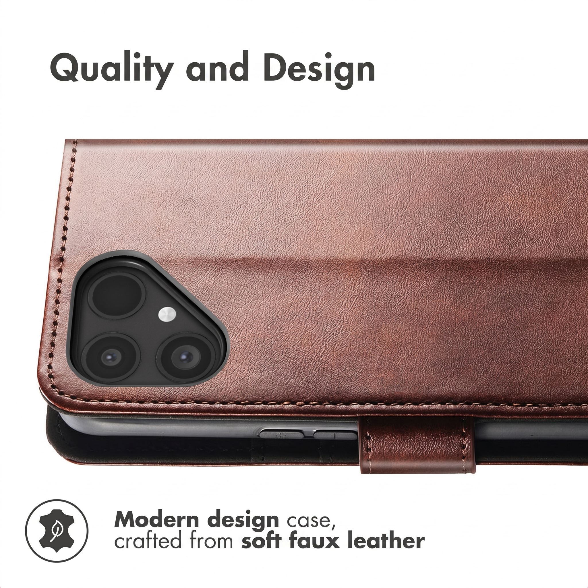 Brown faux leather phone case with camera cutout, white background.