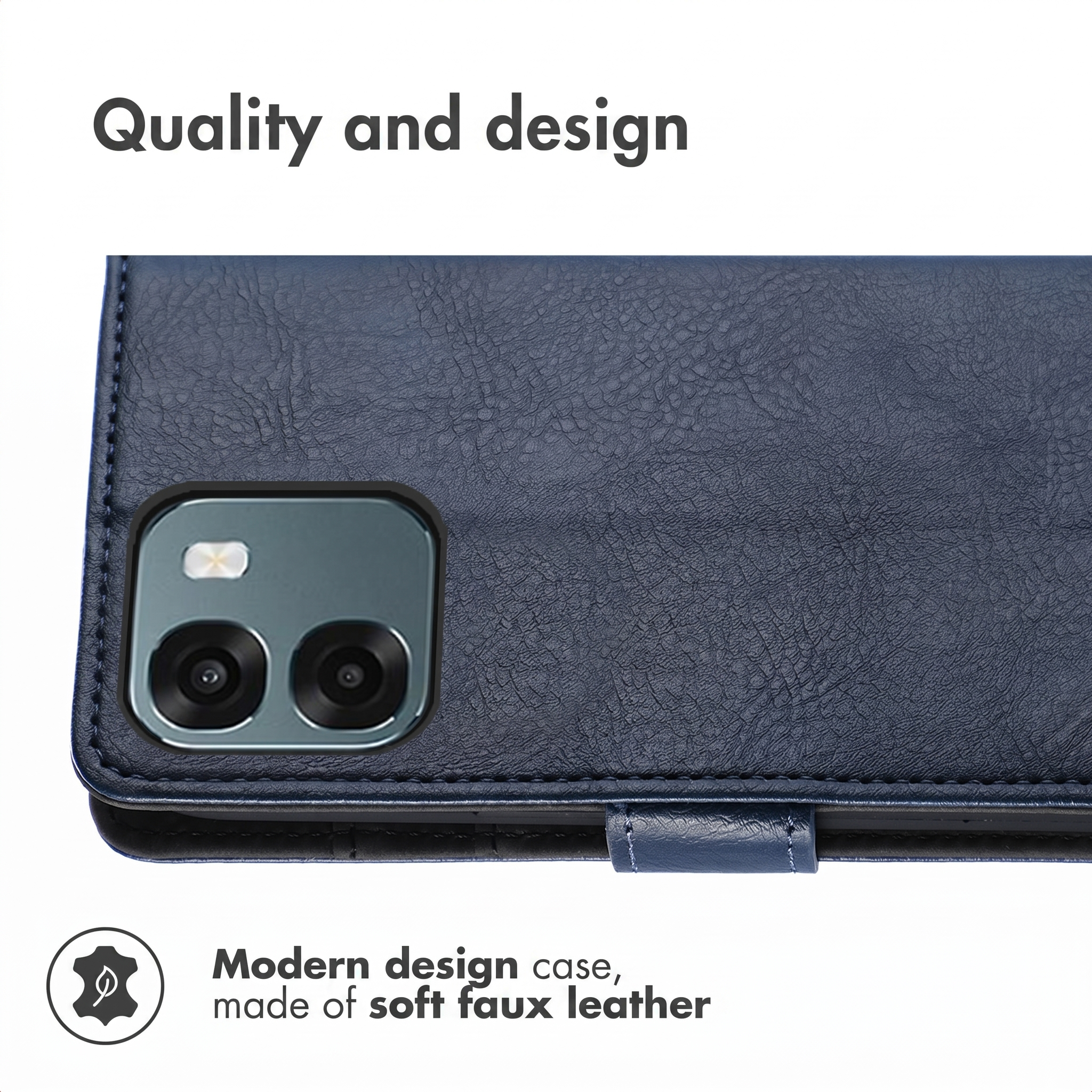 Funda de móvil de piel sintética azul con recorte para cámara y texto de calidad y diseño.