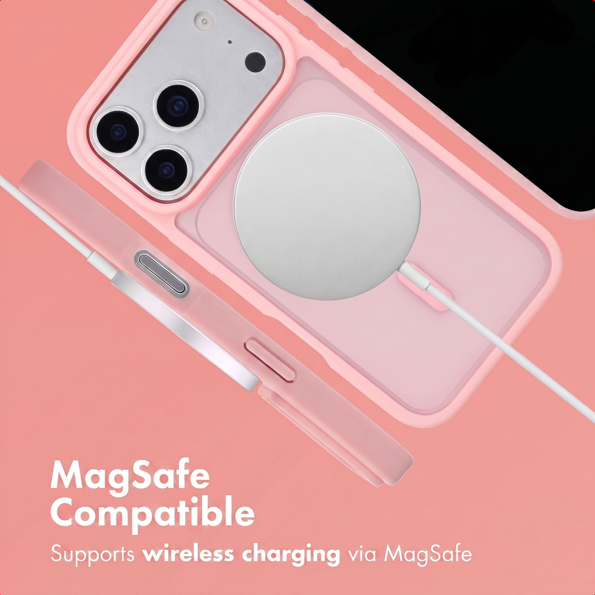 Custodia per telefono rosa con caricabatterie MagSafe su sfondo rosa.