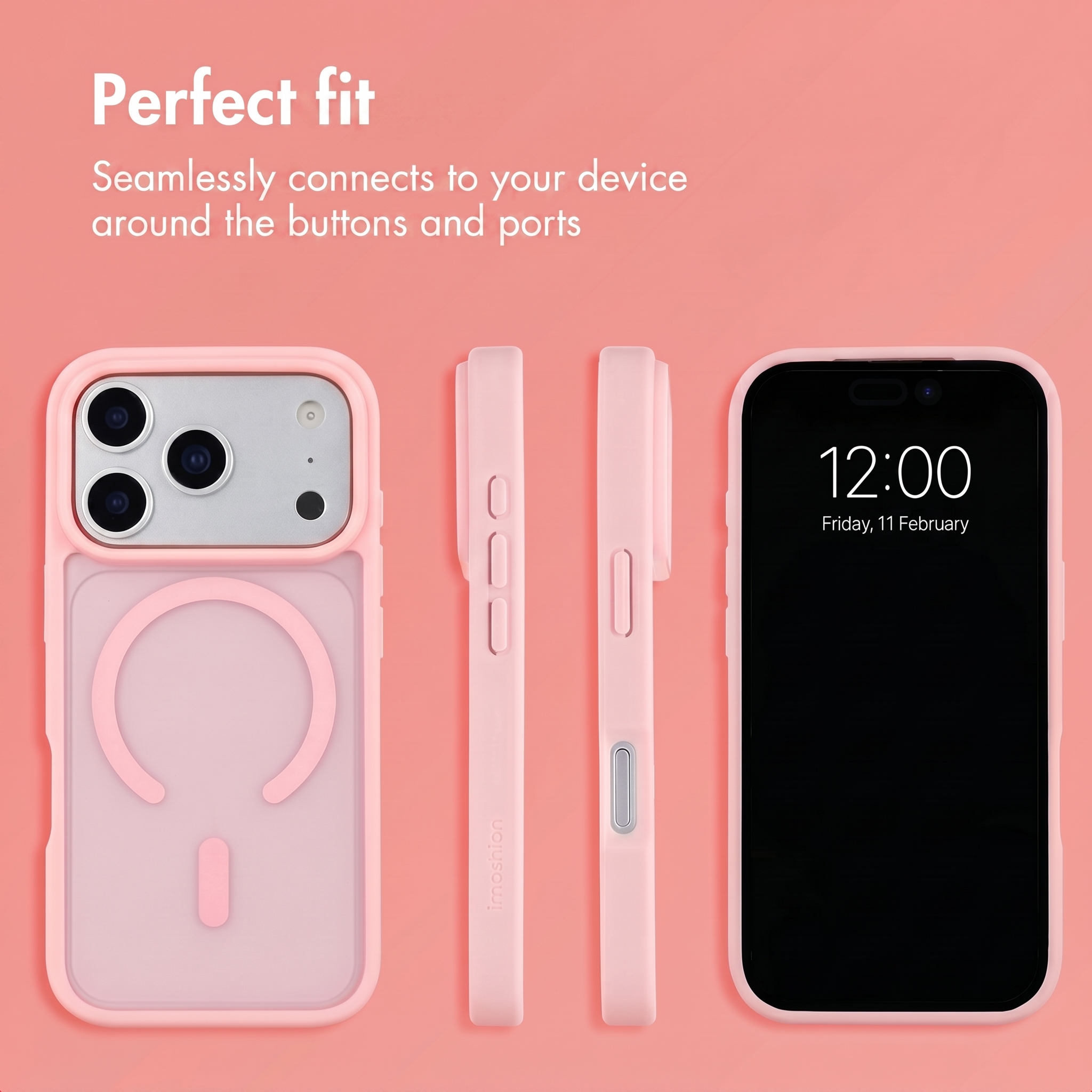 Cover per cellulare rosa mostrata da più angolazioni su sfondo rosa con testo.