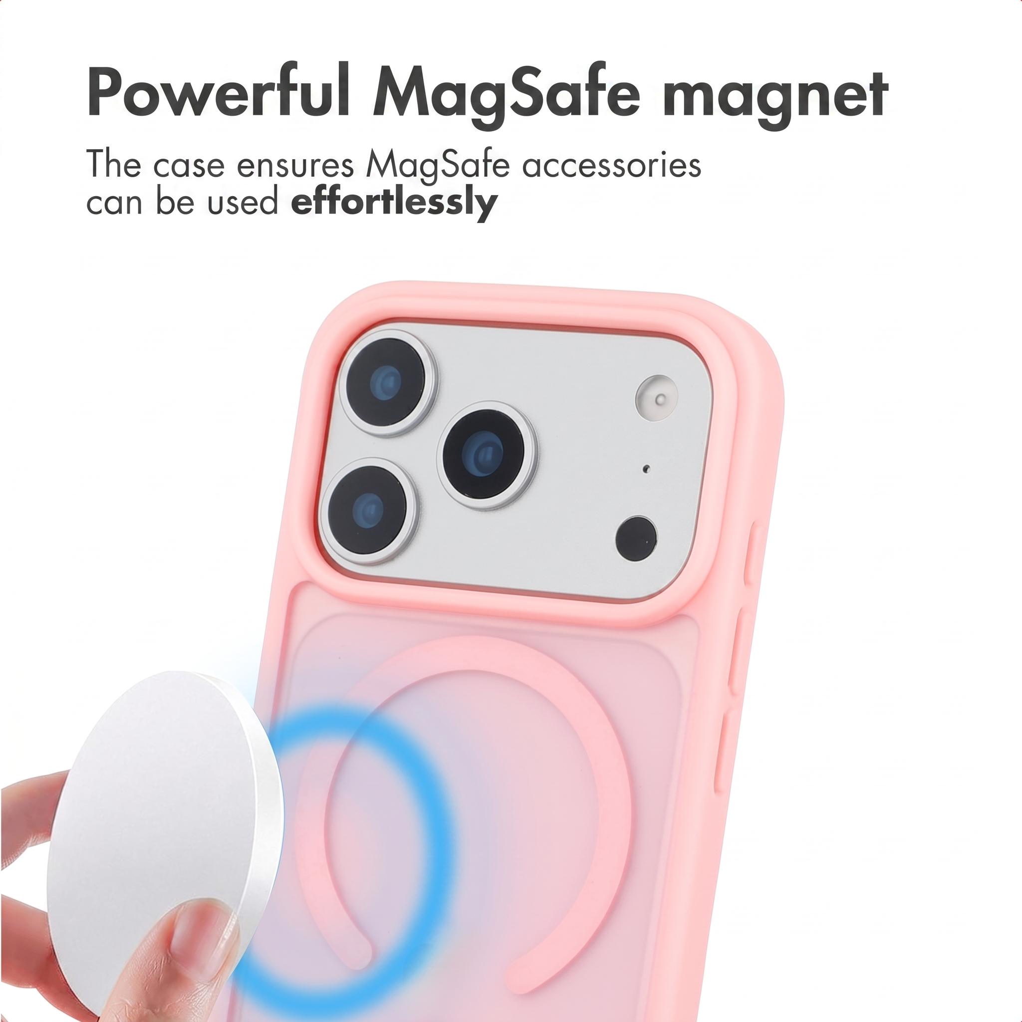 Una custodia rosa per smartphone con funzione MagSafe e testo.