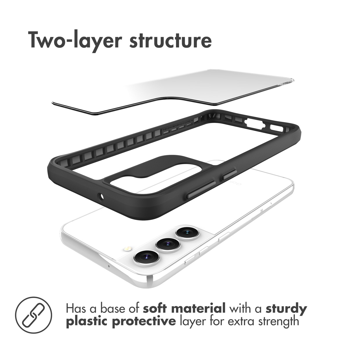 Vue éclatée d'une coque à deux couches avec base souple et couche protectrice en plastique rigide.