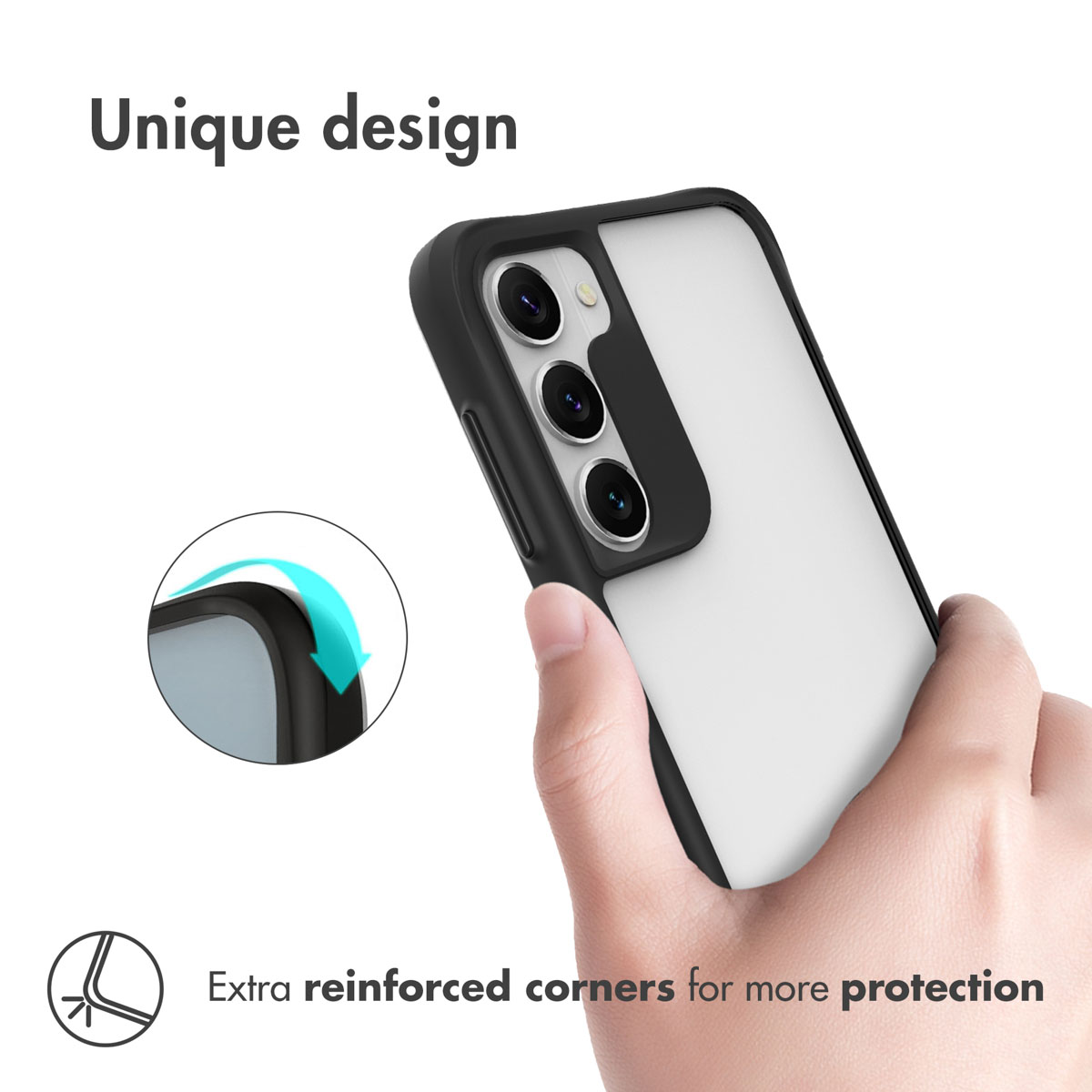 Téléphone dans une coque de protection avec coins renforcés.