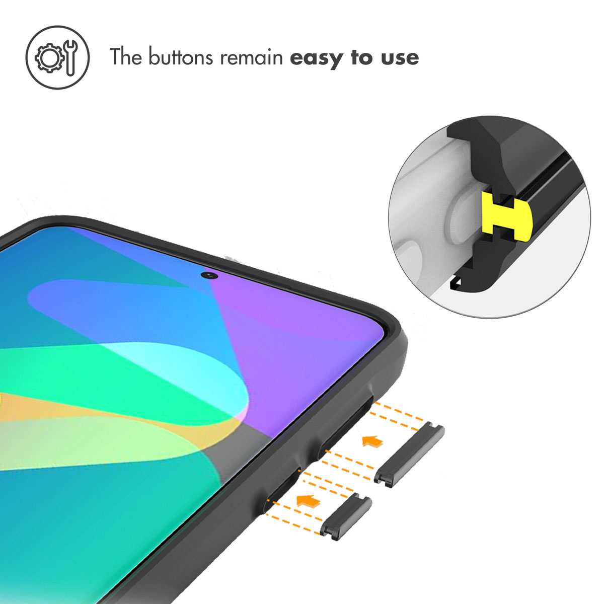 Smartphone dans un étui avec boutons amovibles et un gros plan sur le design.