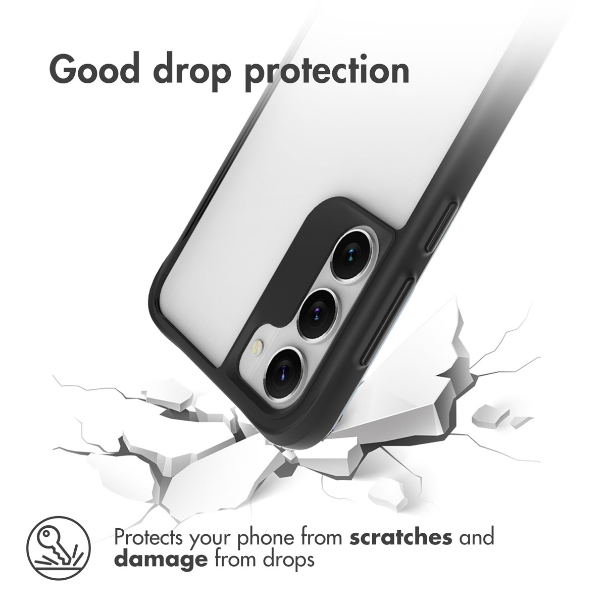 Coque de téléphone avec une bonne protection contre les chutes sur une surface blanche fissurée.