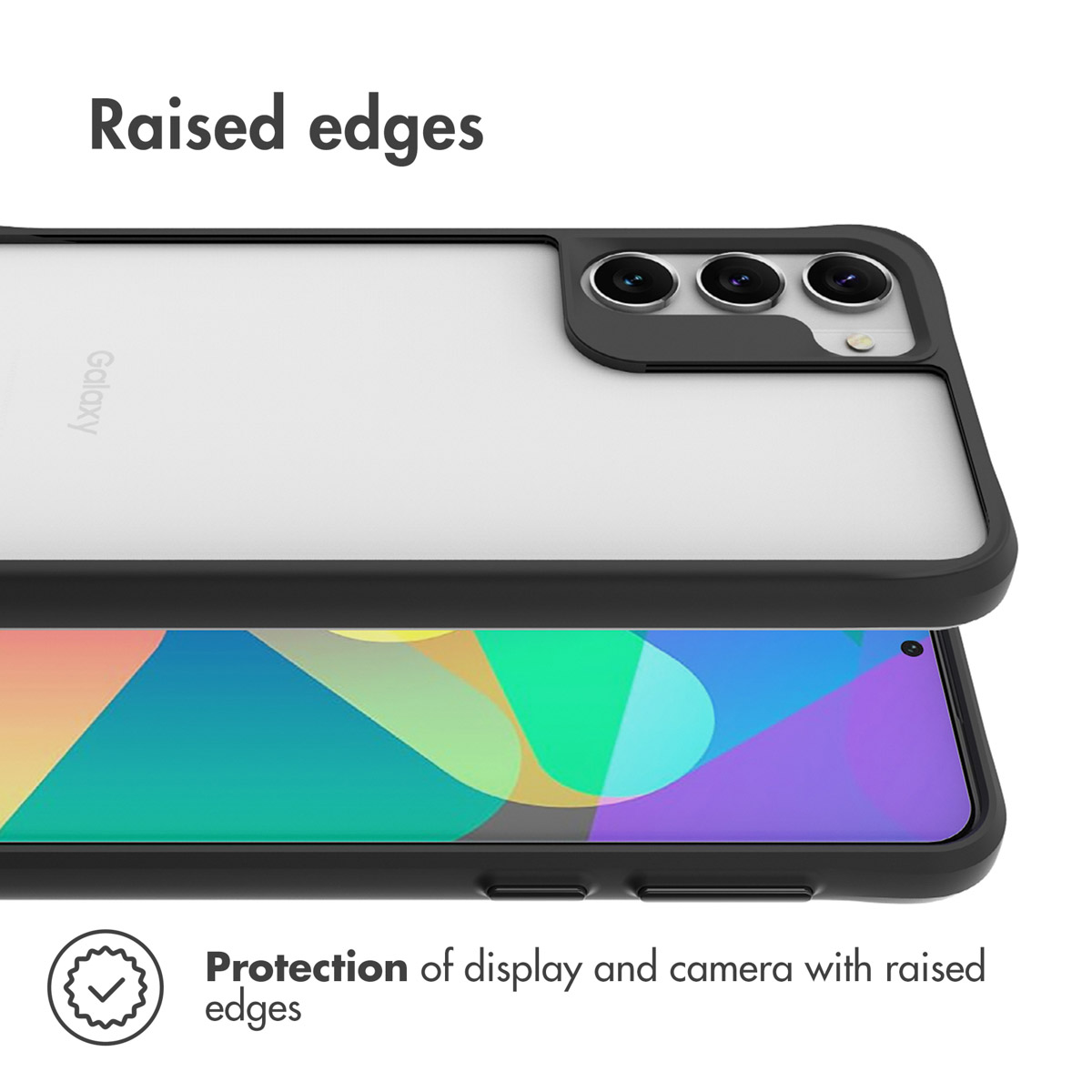 Smartphone dans une coque noire avec bords surélevés pour écran et appareil photo.