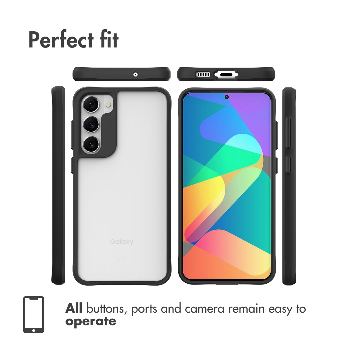 Vues avant et arrière d'un smartphone dans une coque noire avec écran coloré et ports accessibles.