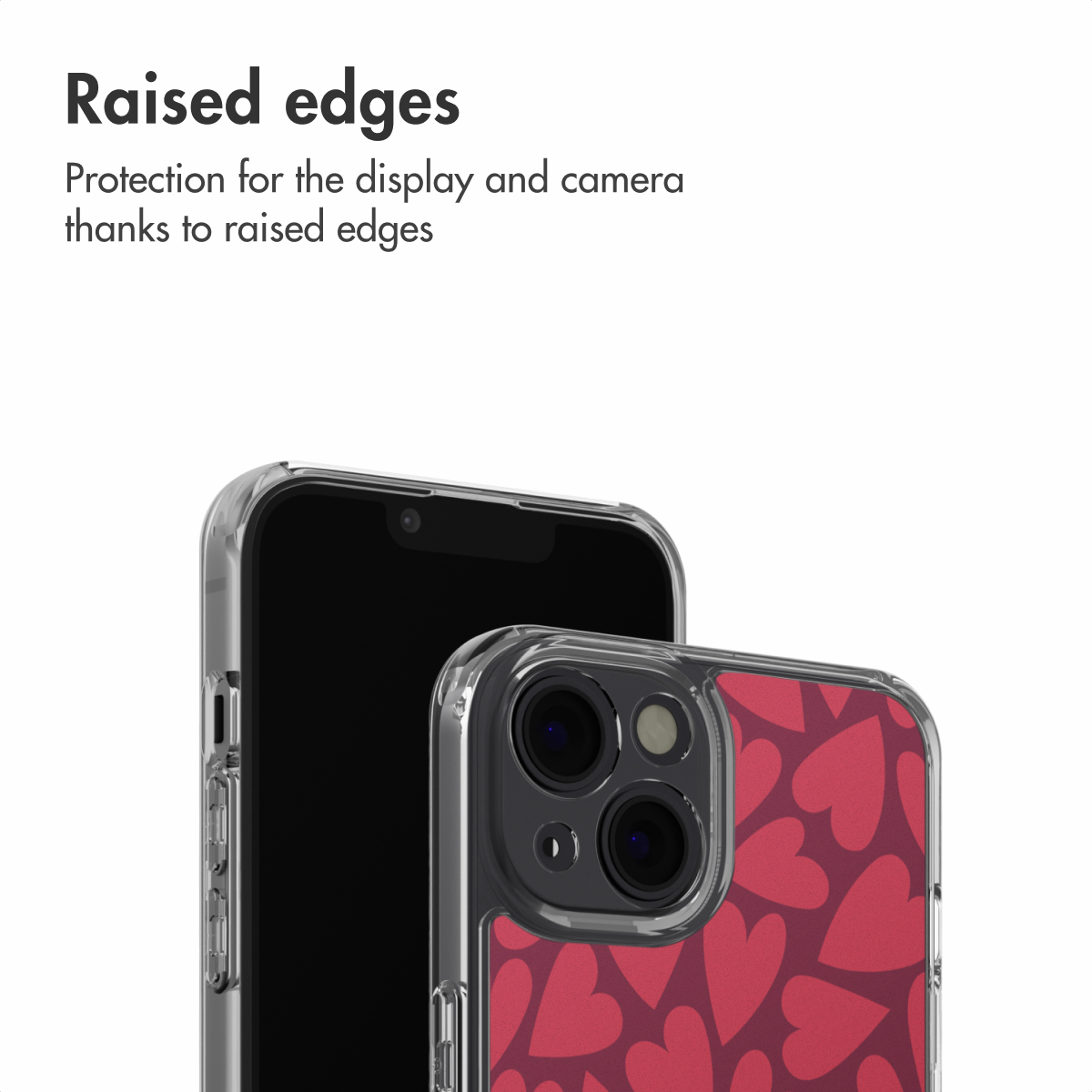 Dos smartphones en fundas transparentes con bordes elevados, uno con corazones.