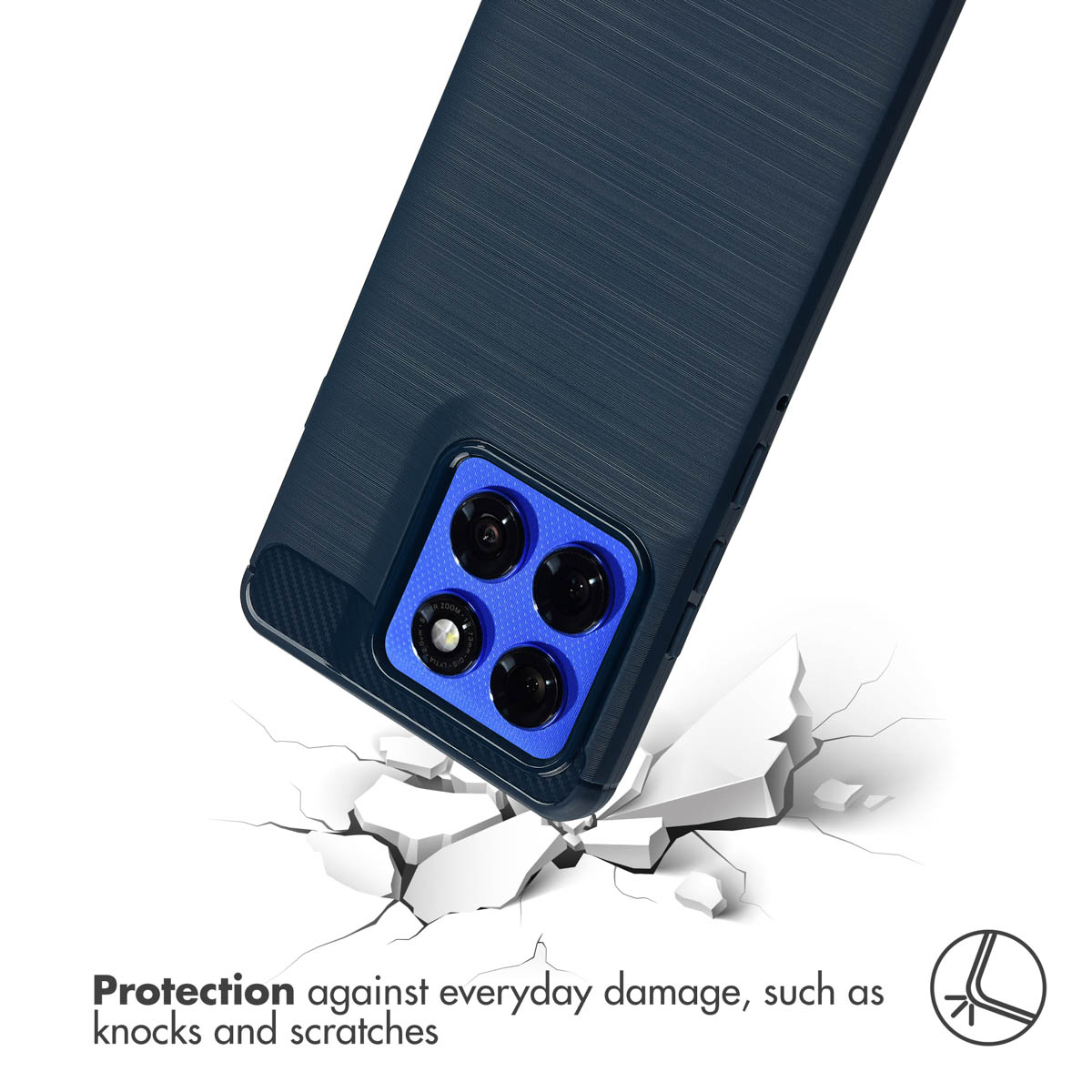 Custodia per smartphone blu che colpisce una superficie bianca in frantumi.