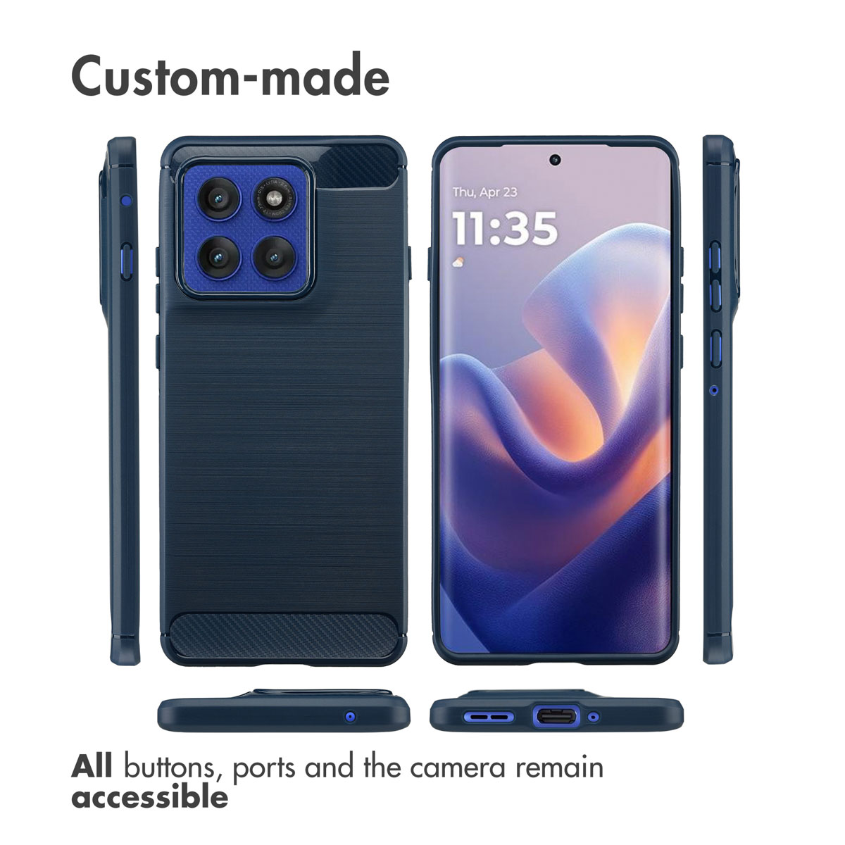Custodia per smartphone blu mostrata da più angolazioni con porte e pulsanti accessibili.