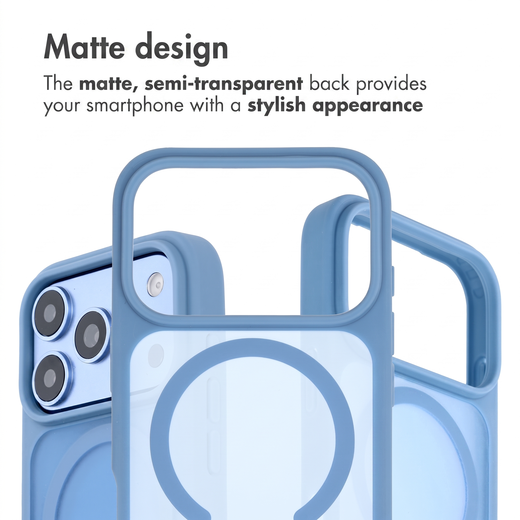 Tre cover per smartphone azzurre opache con retro semi-trasparente e anello MagSafe su sfondo bianco.