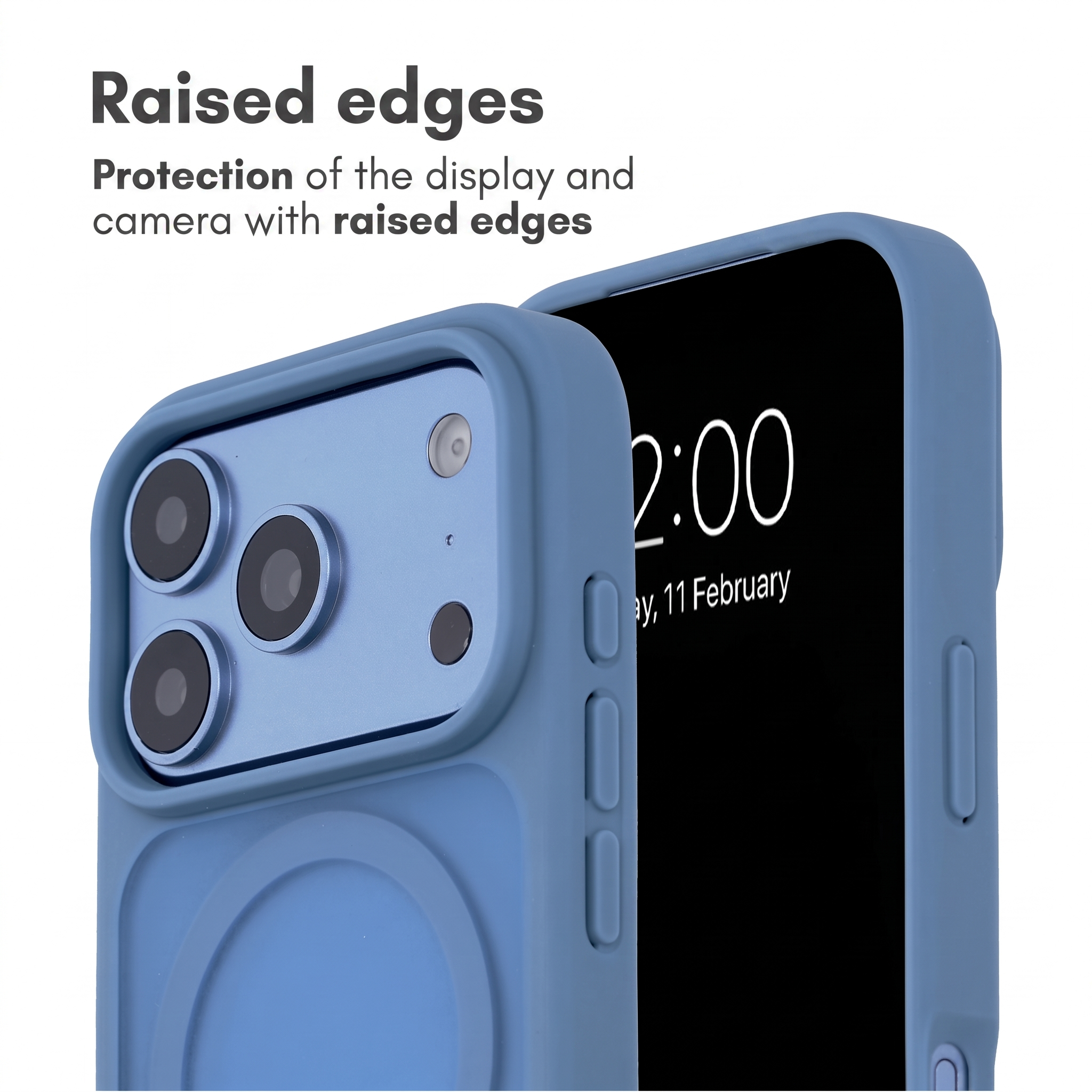 Cover blu per telefono con bordi rialzati per proteggere schermo e fotocamera su sfondo bianco.