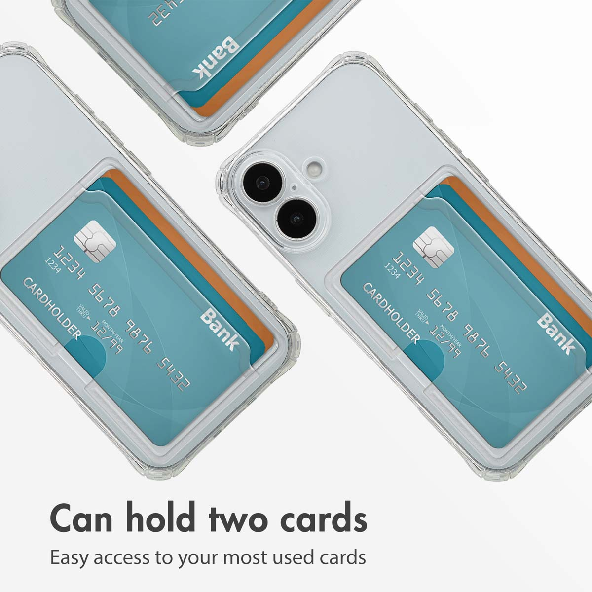 Fundas transparentes para teléfonos con bolsillos integrados para dos tarjetas.