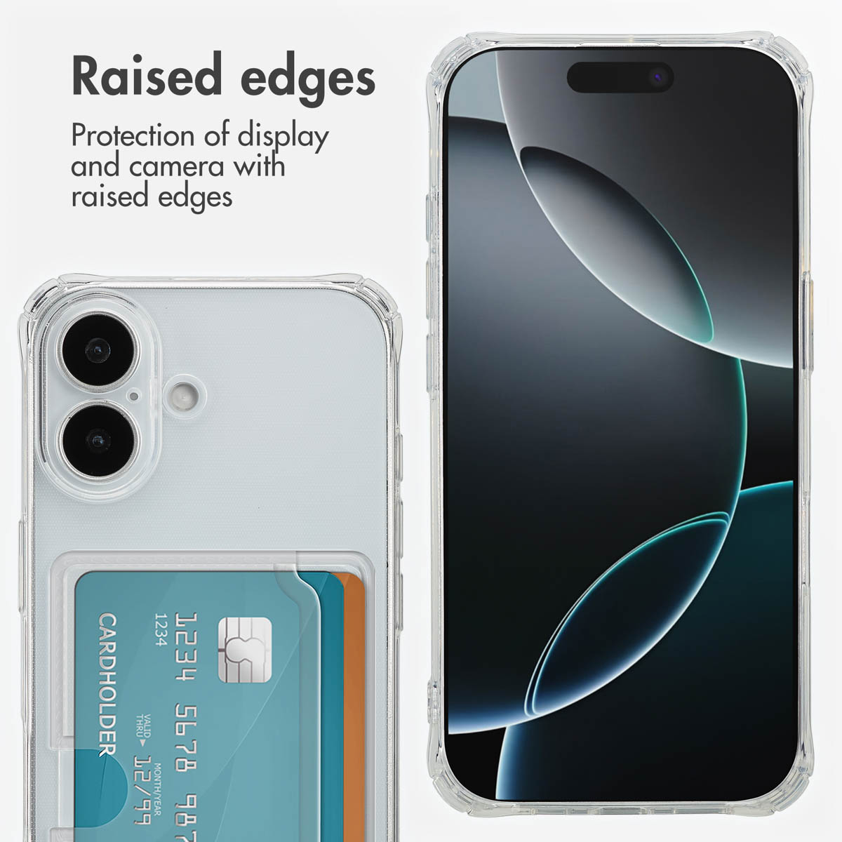 Funda transparente para teléfono con tarjetero y protección de bordes elevados sobre fondo blanco.