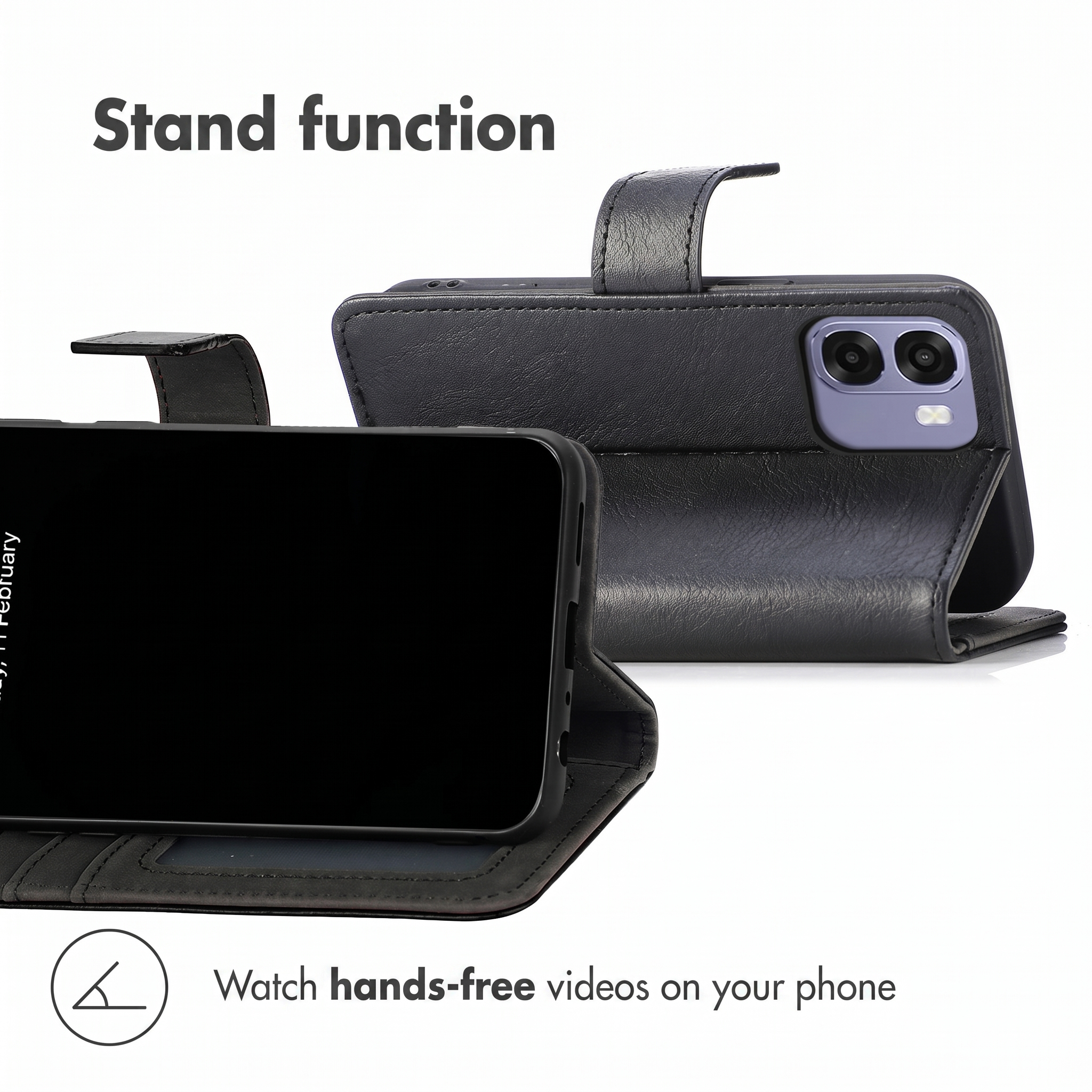 Funda de cuero negro para móvil con función de soporte integrada para ver vídeos sin manos sobre fondo blanco.